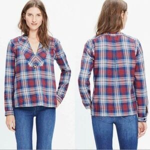 Madewell Red Blue Plaid Indigo Dyed Long Sleeve Popover Blouse Women’s XS E6016